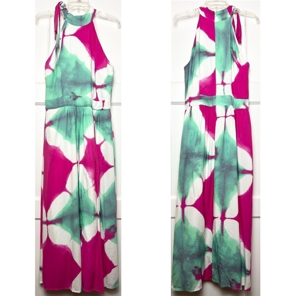 BUSAYO 70s Batik Print Sleeveless Halter Side Tie Neck Fit & Flare Maxi Dress 12 - Picture 5 of 10